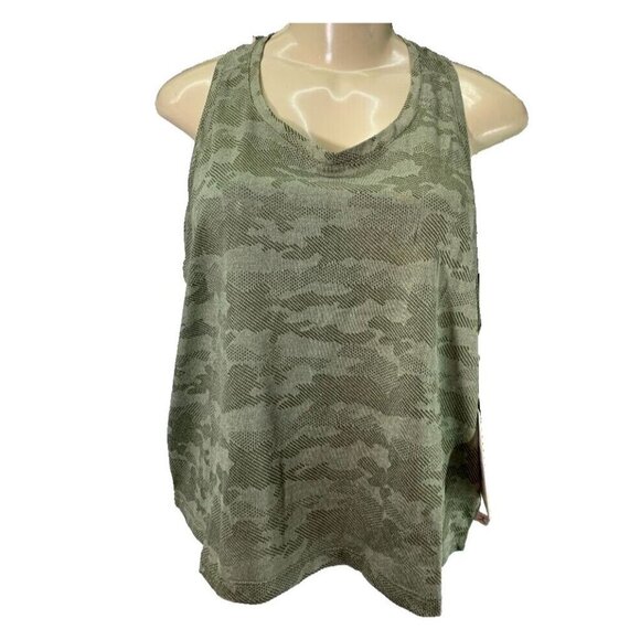 Danskin L Green Mesh Camouflage Print Sccop Neck Racerback StepHem Crop Tank Top - Picture 2 of 6